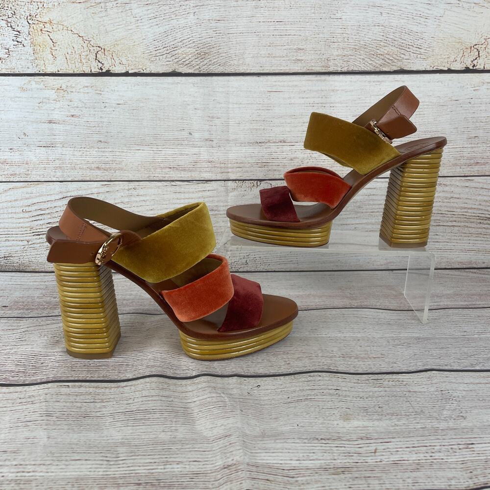 Tory Burch Patos 105MM Womens Sz 7M Slingback Platform Sandals Velvet Yellow Bro